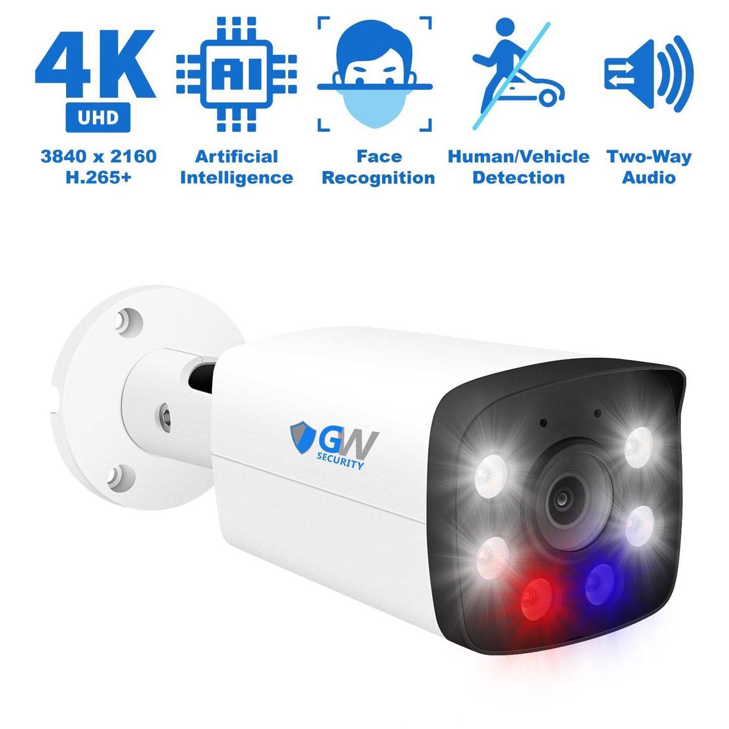 GW Security 8 Channel 4K NVR H.265 8MP Fulltime Color Night Vision Security Camera System with 4 UltraHD 4K IP Two-Way Audio Outdoor PoE Security Cameras, Smart AI Human Detection
