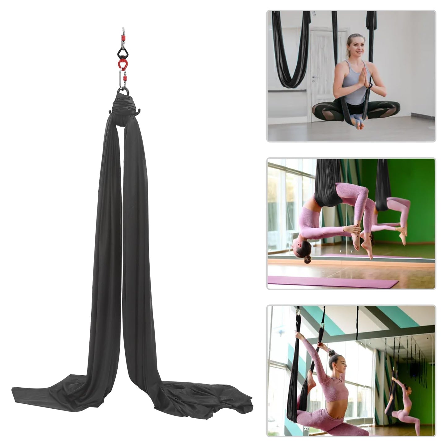 Aerial Yoga Hammock Aerial Yoga Swing Sling with Install Accessories Aerial-Silk Starter Kit Hammock Practice Kit for Pilates, Inversions, Stretching 440.92lbs Capacity (16.40 * 8.53ft, Black)