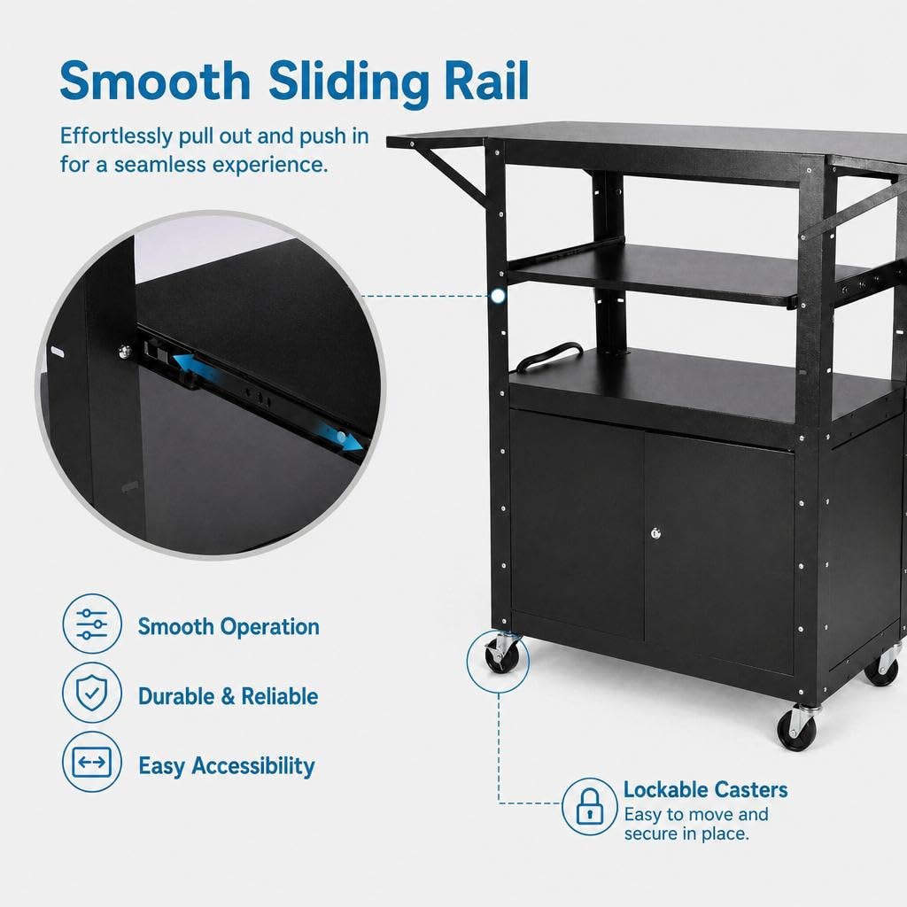 Portable AV Cart with Locking Storage Cabinet, Adjustable Laptop Stand & Drop Leaves, Rolling Workstation with Power Outlets for Classroom, Office, or Home Use