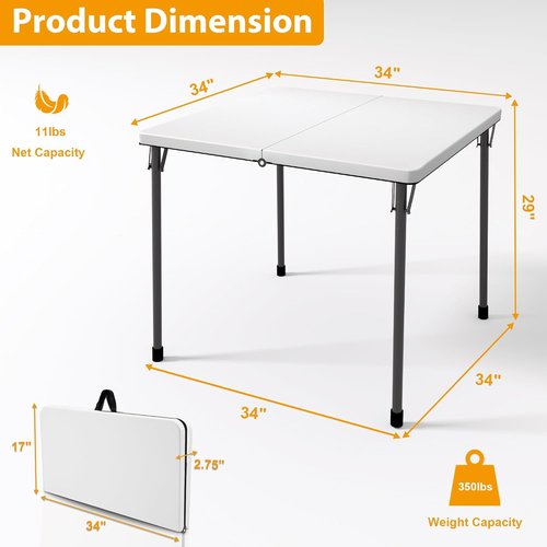 Kasunpul Folding Table - Portable 34" Square Card Table with Collapsible Legs & Carrying Handle | Ideal for Camping, Picnics, and Parties - White