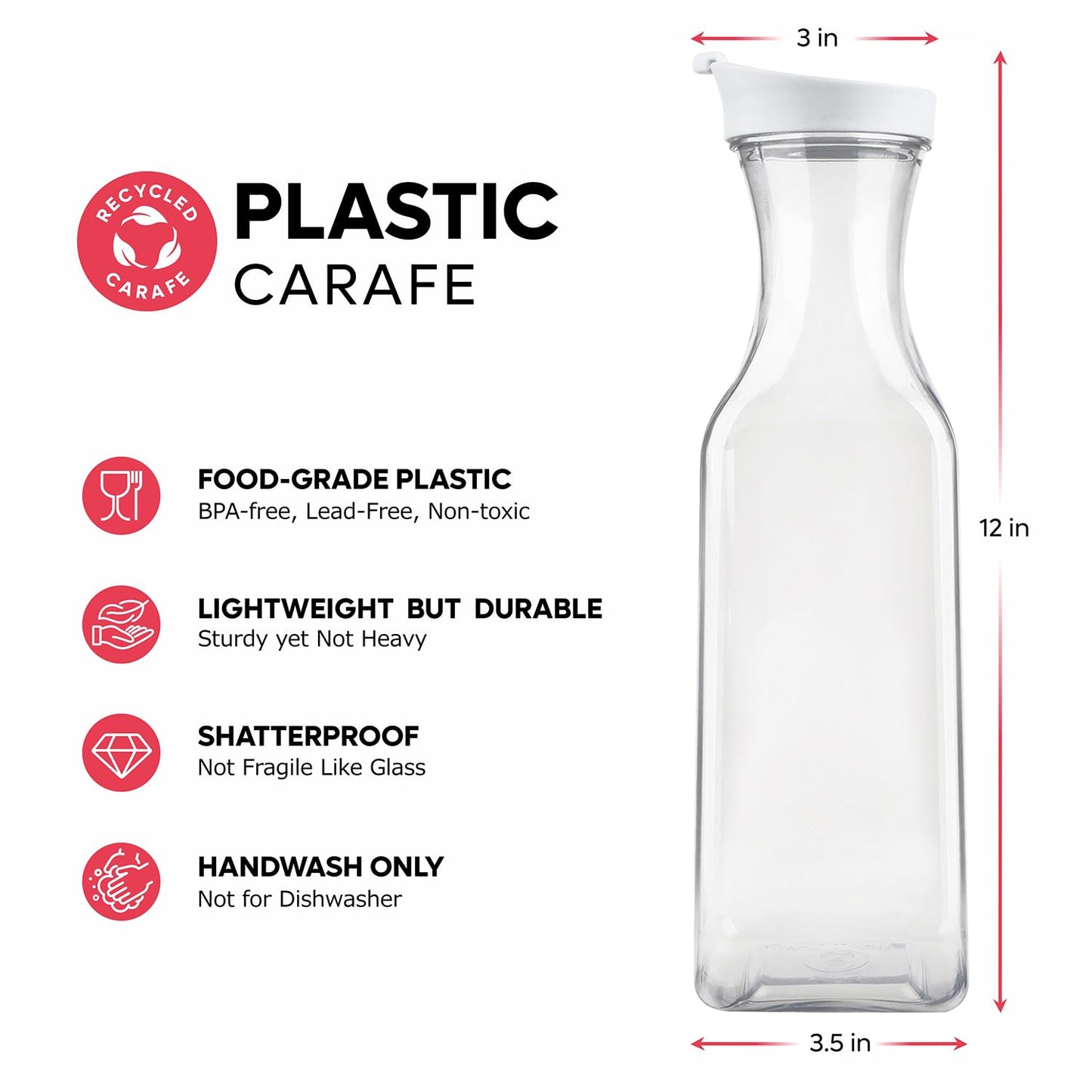 GUSTO [50 oz - 6 Pack] Plastic Carafe with Lid, Large Capacity Square Base - Clear Pitcher with Flip Top Lid, Easy-Pour Spout Juice Containers with Lids - Perfect for Mimosa Bar, Water, and Cold brew