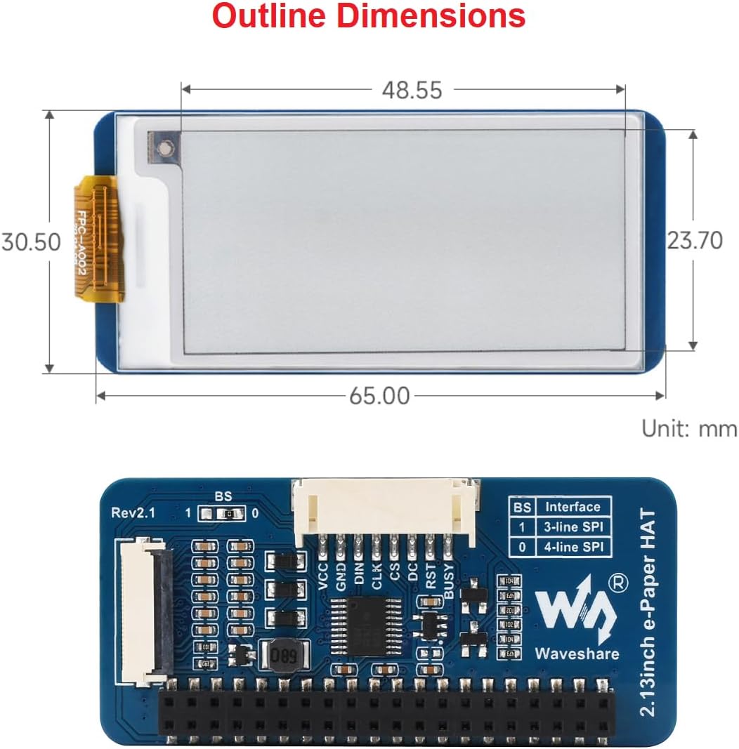 2.13inch 250x122 3.3V/5V Nano/Arduino/STM32, waveshare Four Color E-Ink Display HAT (G), Resolution Red Yellow Black