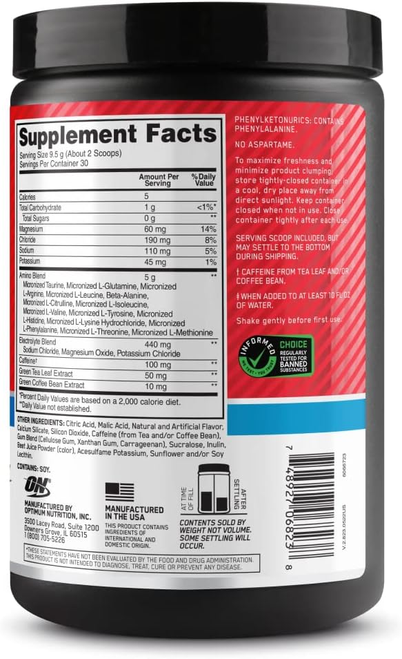 Optimum Nutrition Amino Energy Powder Plus Hydration, with BCAA, Electrolytes, and Caffeine, Strawberry Burst, 30 Servings (Packaging May Vary)