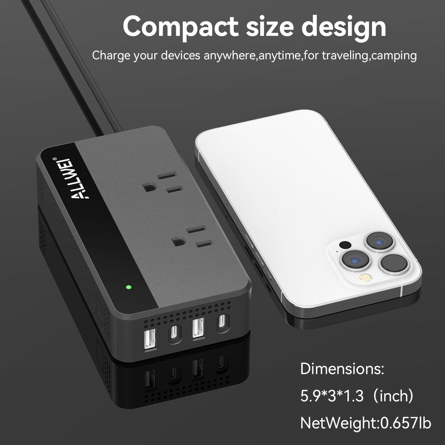 ALLWEI 200W 12V 110V 4 Port(2xUSB 2xUSB Car Power Inverter, DC to AC Car Inverte with USB Fast Charging A, C)- Car