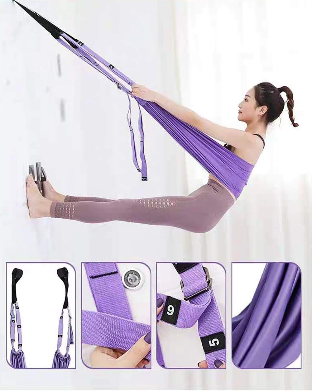 Yoga Stretching Strap, Adjustable Height Leg Stretcher Waist Back Stretch Band Aerial Yoga, Anti-gravity Inversion Exercises Door Flexibility Tensile Trainer for Rehab Pilates Dance Splits (Black)