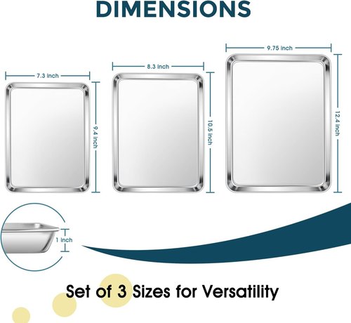 E-far Stainless Steel Baking Sheet Set - 3 Sizes (12.4”/10.5”/9.4”) | Non-Toxic, Dishwasher Safe Cookie Trays