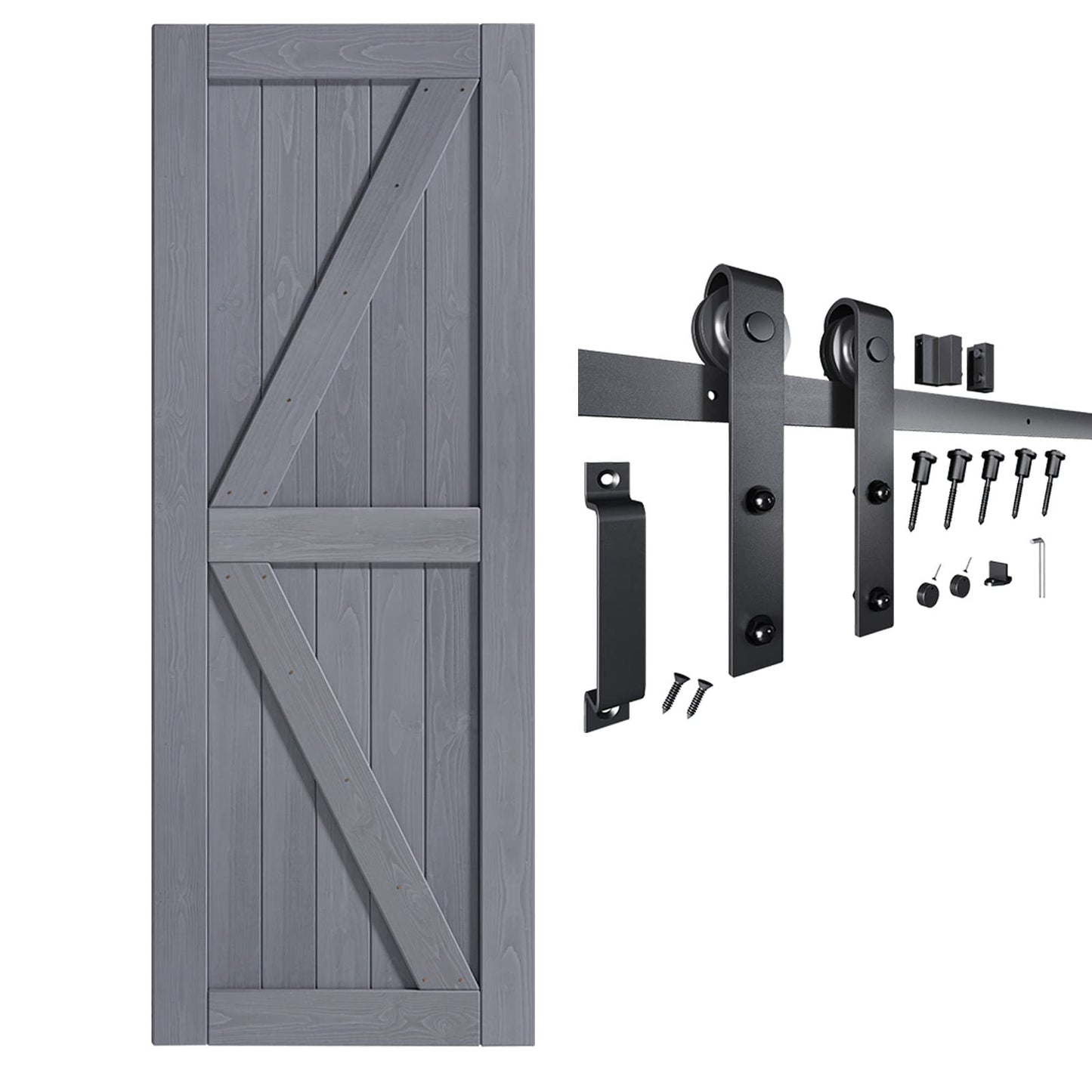 FREDBECK 32in x 84in Gray Wood Barn Door Slab with 5.5ft (66inch) Barn Door Hardware Track Kit Included, Double Surfaces,Simple Assembly is Required,K-Frame,Grey