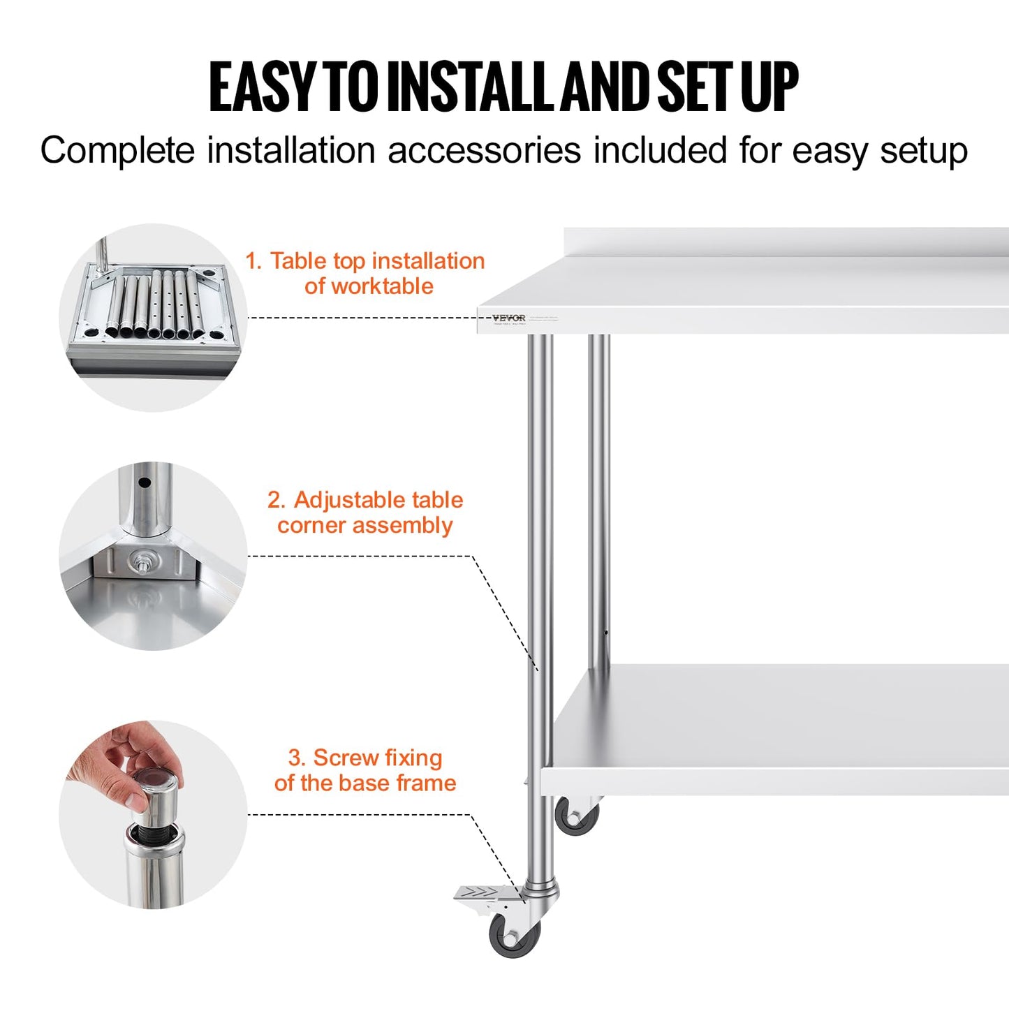 VEVOR 24 x 60 x 40 Inch Stainless Steel Work Table, Commercial Food Prep Worktable with Casters, Heavy Duty Prep Worktable, Metal Work Table with Adjustable Height for Restaurant, Home and Hotel