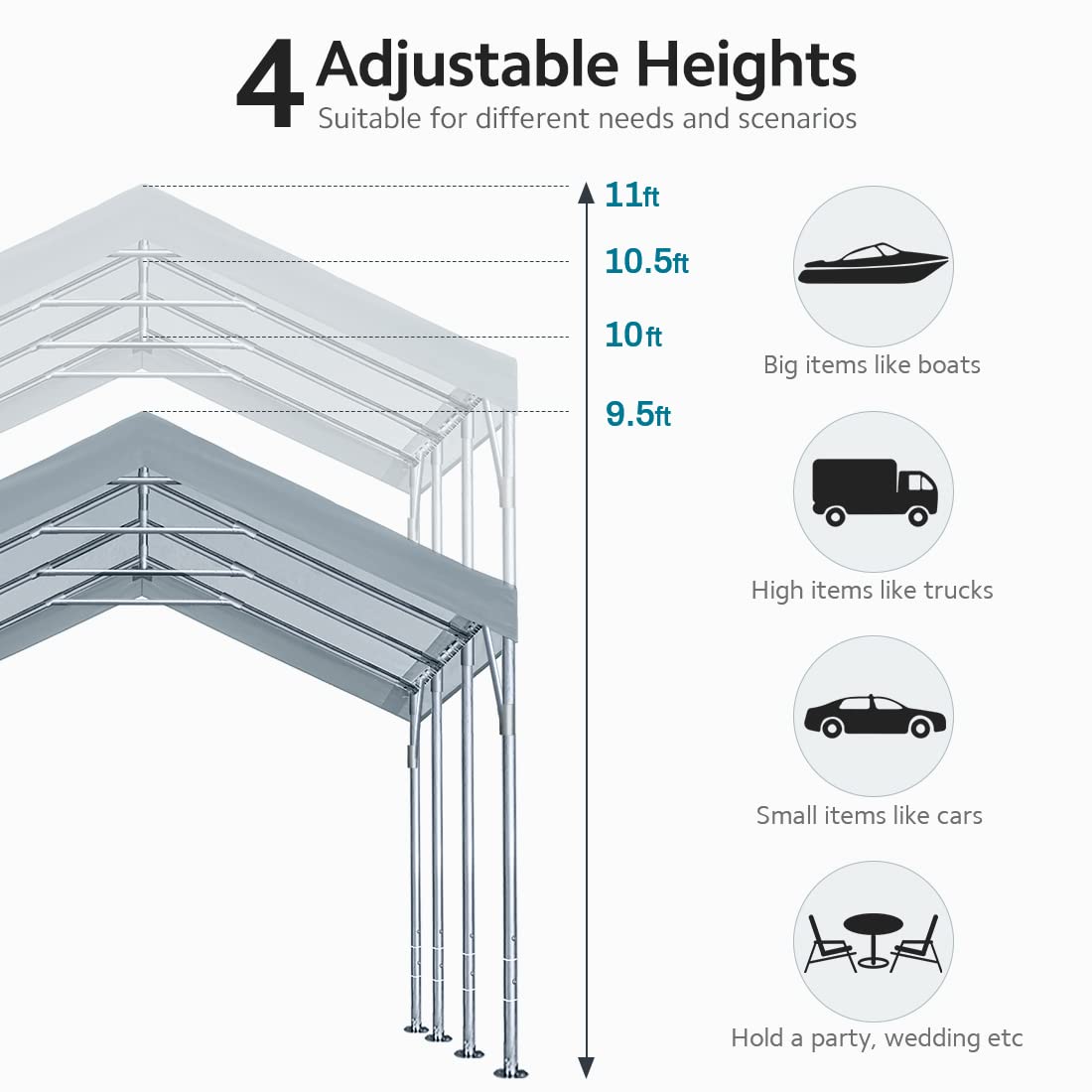 ADVANCE OUTDOOR 12x20 ft Heavy Duty Carport Potable Car Canopy Garage Party Tent Boat Shelter, Adjustable Height from 9.5 ft to 11 ft, Gray