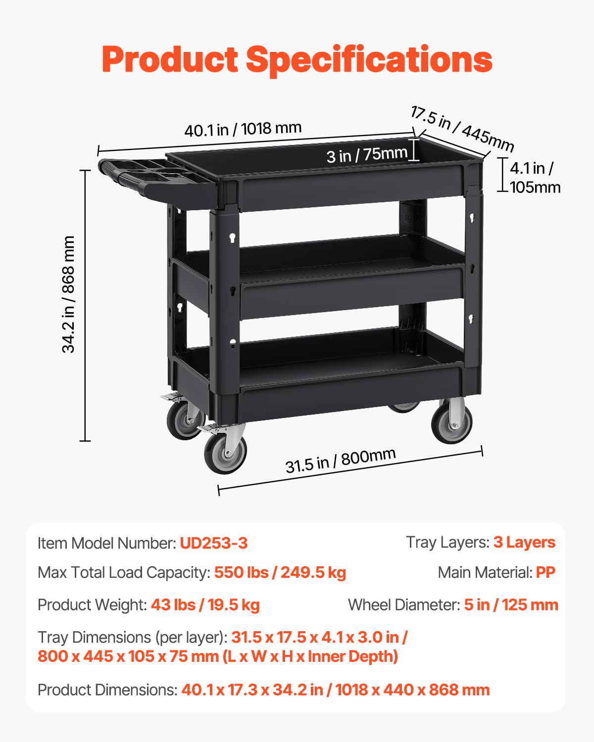 VEVOR Utility Cart, 3-Tier Plastic Service Cart with 550LBS Capacity, 360° Swivel Casters (Including 2 Locking Wheels), Medium Lipped Shelves, Ergonomic Handle, for Garage, Warehouse, Cleaning Tasks