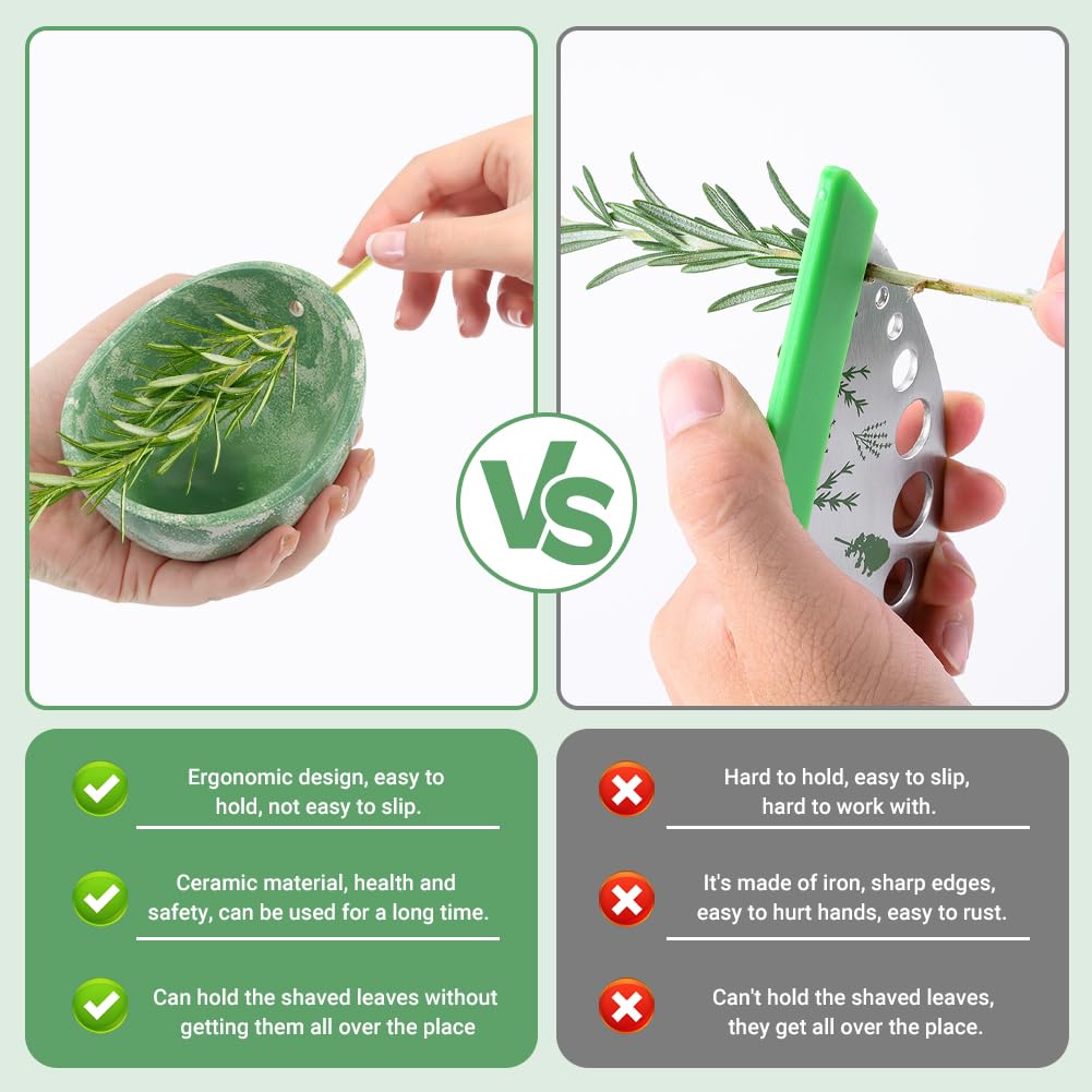 Pottery Herb Stripper Bowl, Handmade Herb Stripper Ceramic Bowl with 4-Slot Different Hole Sizes for Kale, Herbs & Broccoli, Efficient Peeling Off the Leafy Assembly(Green)