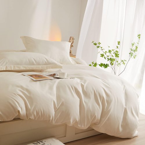 AMWAN Queen Size Soft Washed Microfiber Duvet Cover Set - Cream White with Zipper Closure, 90”x90” + 2 Pillowcases