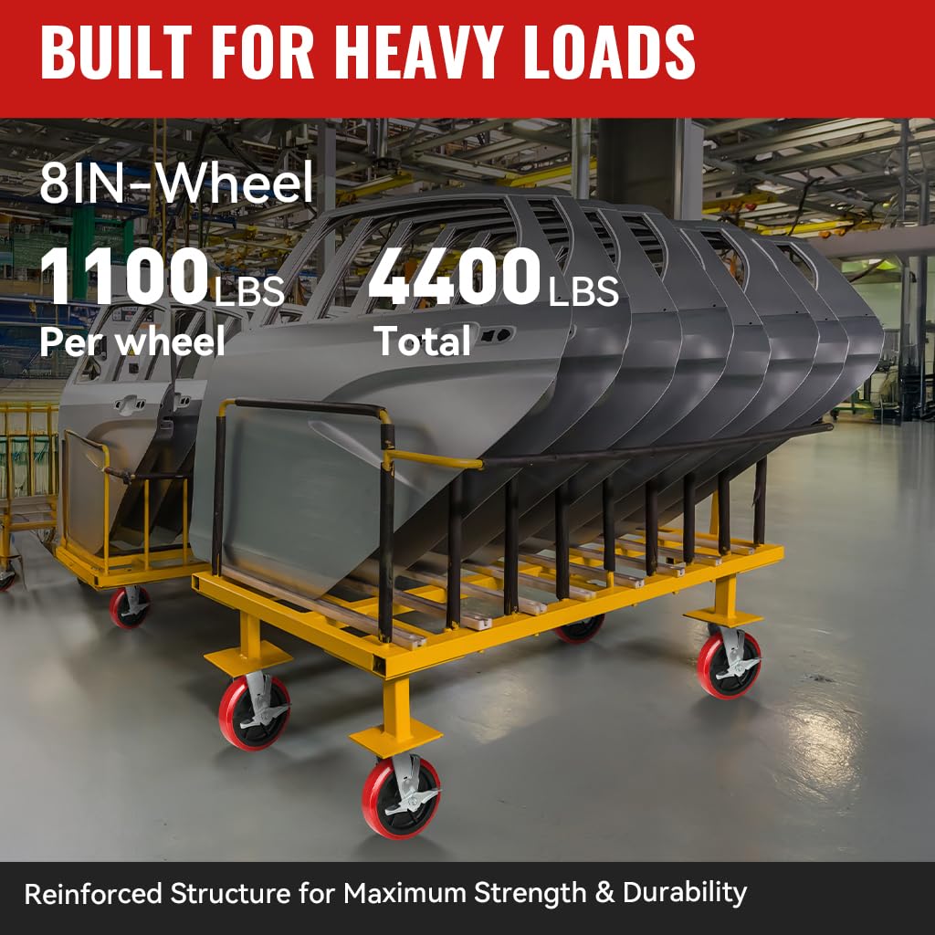8 Inch Heavy Duty Polyurethane Casters Set of 4 (2 Brake + 2 Rigid), 8x2 Industrial Casters for Heavy-Duty Carts, Equipment Bases, Rated Load 4400 lbs Total, Locking & Straight-Line Control