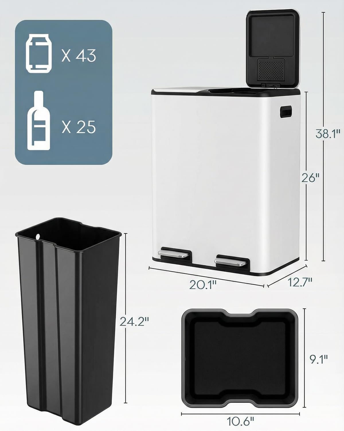 ComfyCorner 16 Gal (2 x 30 L) Dual Trash Can, Stainless Steel Kitchen Garbage Bin, Recycle Dustbin with Odor Control Box, Soft-Close Lid, Inner Buckets, Side Handle, Step Pedal, for Home Office