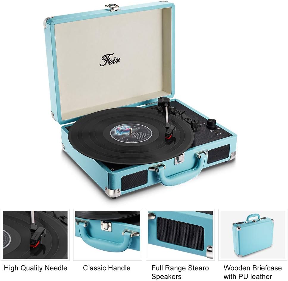 Feir 3 2 Vinyl Stereo Blue Record Player Speed Portable Turntable Suitcase Built in Speakers RCA Line Out AUX Headphone