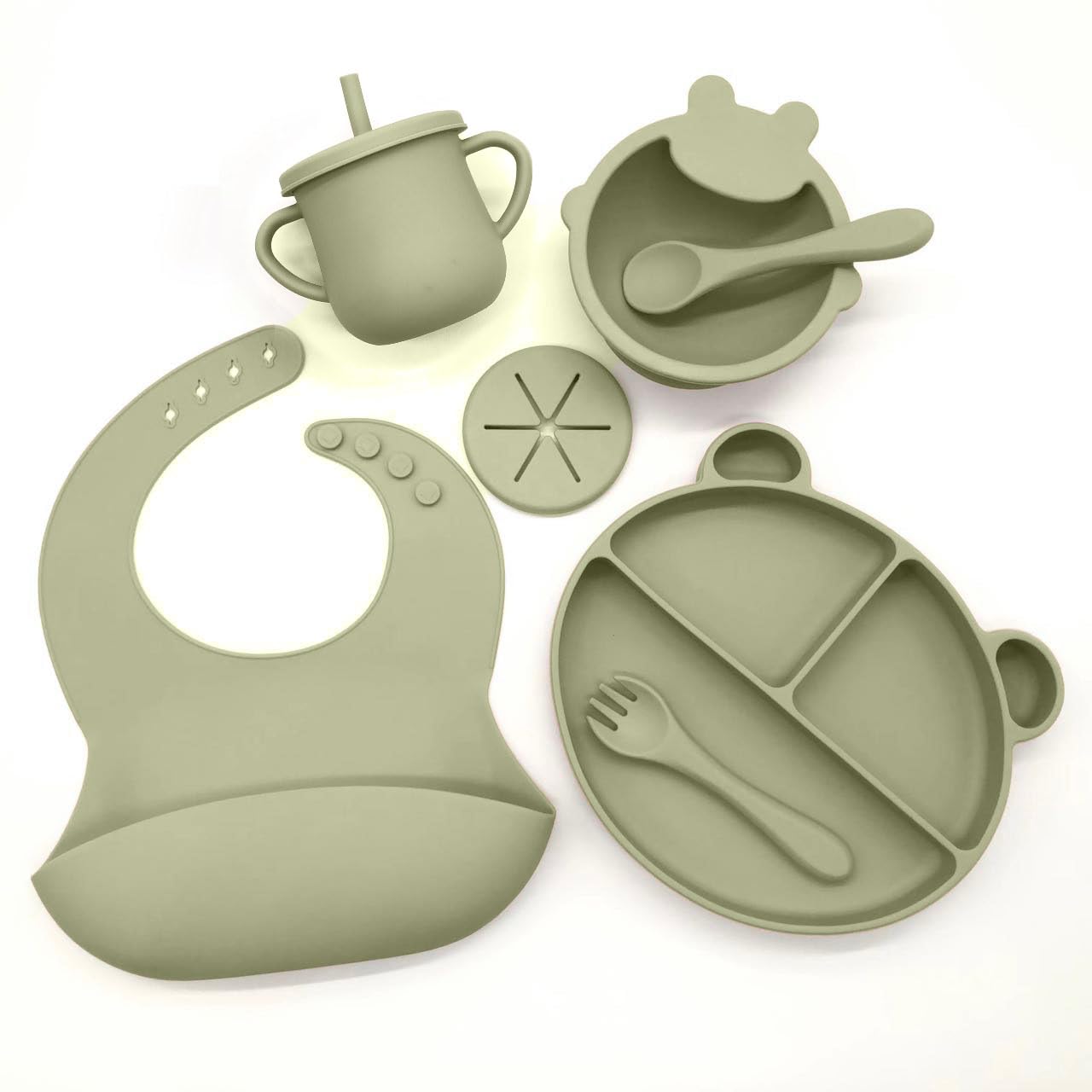 Silicone Baby Feeding Set, Toddler Feeding Set With Divided Suction Plate Bowl Spoons Forks Sippy Cup Adjustable Bib Non Slip Mat, Baby Eating Utensils, Bear Shape, 7-Piece, (Green)