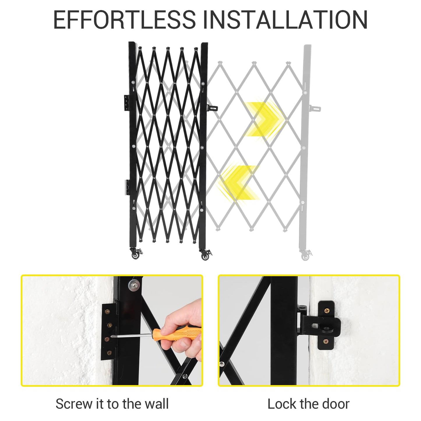 GarveeTech Single Folding Security Gate, 52" H x 42" W Lockable Scissor Gate with 360° Swivel Casters, Heavy-Duty Steel Outdoor Barricade Retractable Gates for Courtyards, Garages, Gardens, Pool
