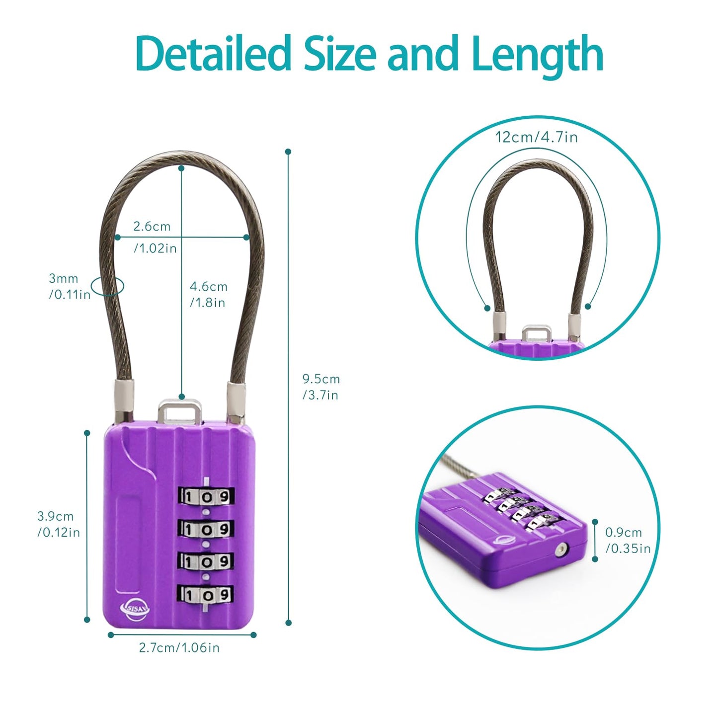 SISAV 4 Digit Cable Combination Locks 4.7 inches Cable for School Gym Locker,Helmet,Filing Cabinets,Toolbox,Luggage Suitcase,knapsack,Cable 3mm Diameter,Purple(2 Pack)