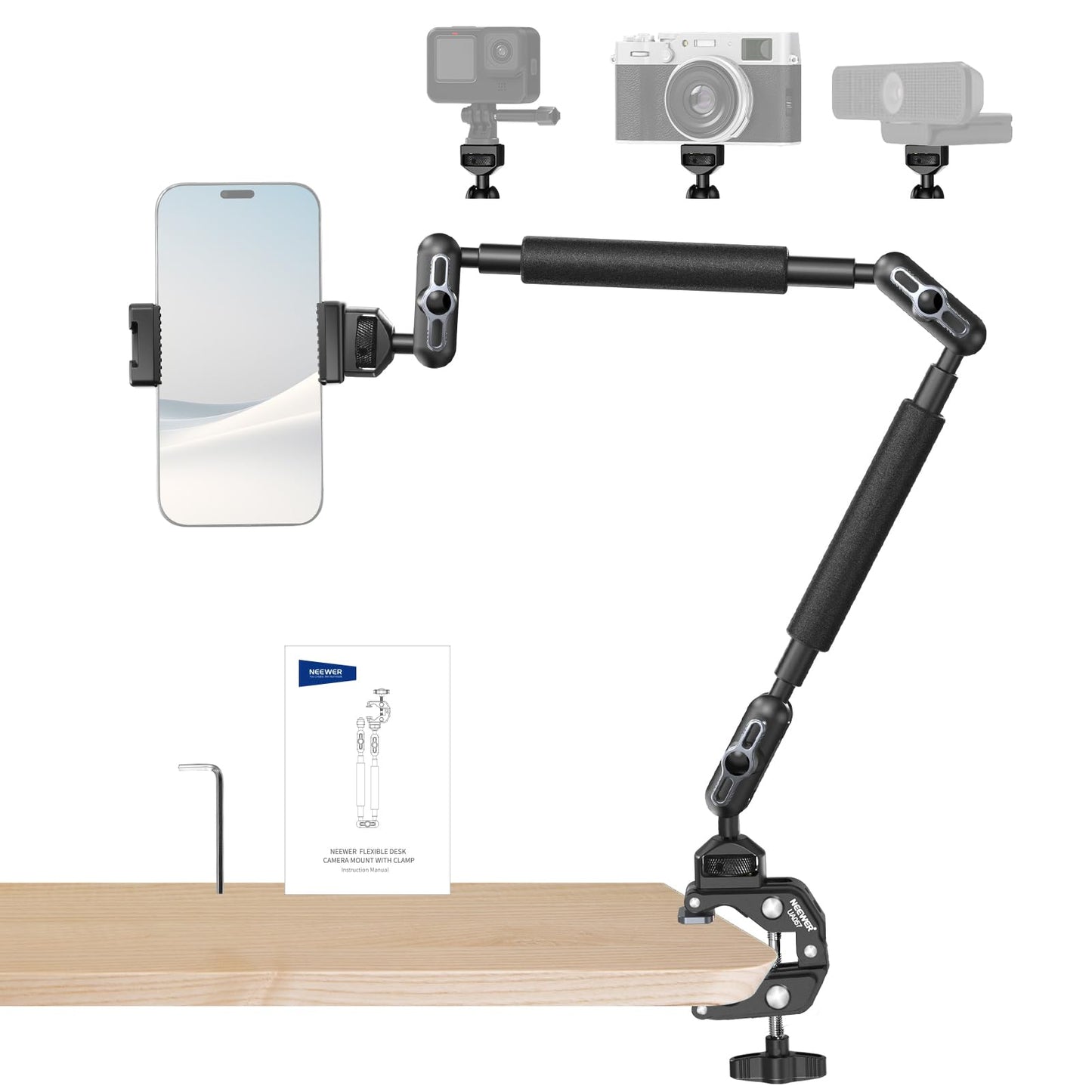 NEEWER 22" Magic Arm w Desk C Clamp, Overhead Camera Mount with Articulating Mic Boom Arm 1/4" 3/8" Threads for ARRI, Desktop Stand Holder for Phone Microphone Webcam Action Camera Video Light, UA057