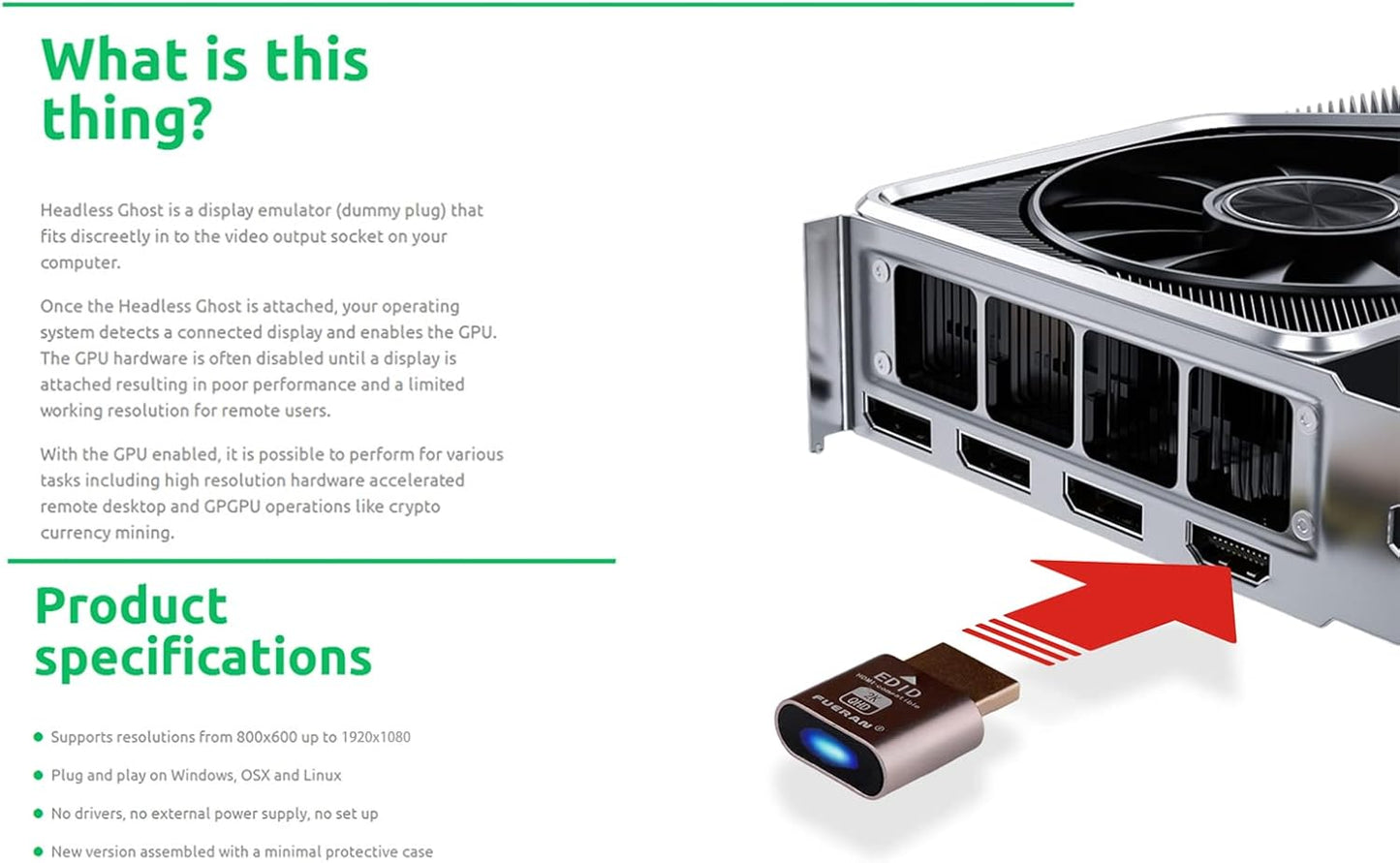 FUERAN Dummy Headless-1920x1080 Generation@60Hz (HDMI2.0-2K-1P) HDMI Plug Headless Ghost Display Emulator