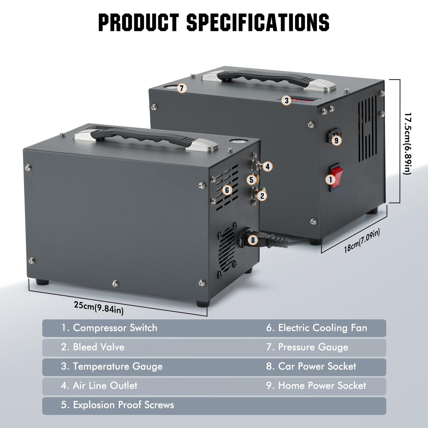 PCP Air Compressor, Airgun Compressor, Portable 4500Psi/30Mpa, Water/Oil-Free, One Button Start, Bursting disc, Built-in Fan, 12V DC 110V AC, Manual-stop, PCP Rifle/Pistol and Paintball Tank Air Pump