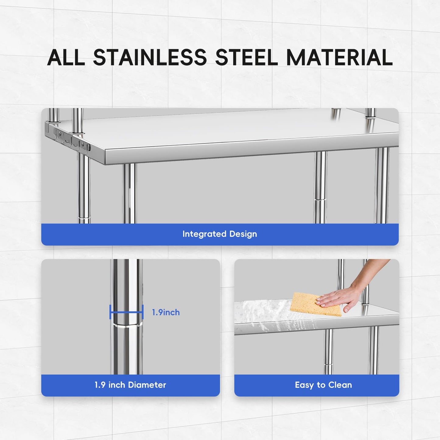 36 x 24 in Stainless Steel Table with Overshelves for Prep & Work, NSF Commercial Stainless Steel Kitchen Island with Adjustable Shelf & Hooks for Restaurant, Home and Hotel