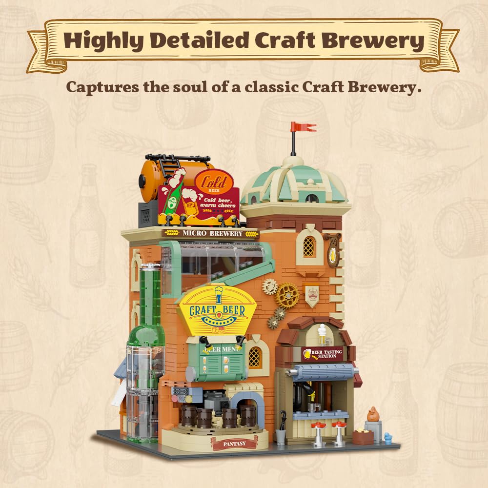 PANTASY Craft Beer Brewery Building Set for Adults – Vintage Microbrewery Factory Model with Modular Architecture, Dynamic Mechanisms, Self-Developed Minifigures & Display-Ready Design