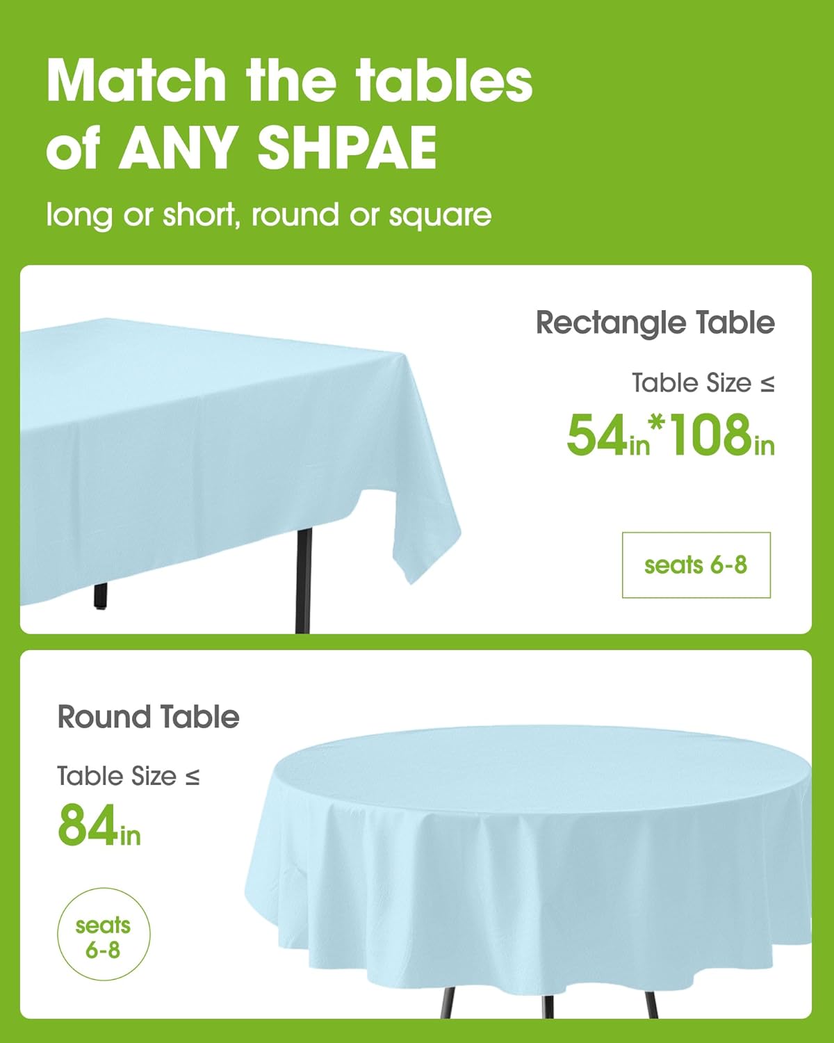 Pureegg Disposable Plastic Tablecloths - 84'' Round, Leakproof & Sturdy, Baby Blue | 8-Pack for Parties & Picnics