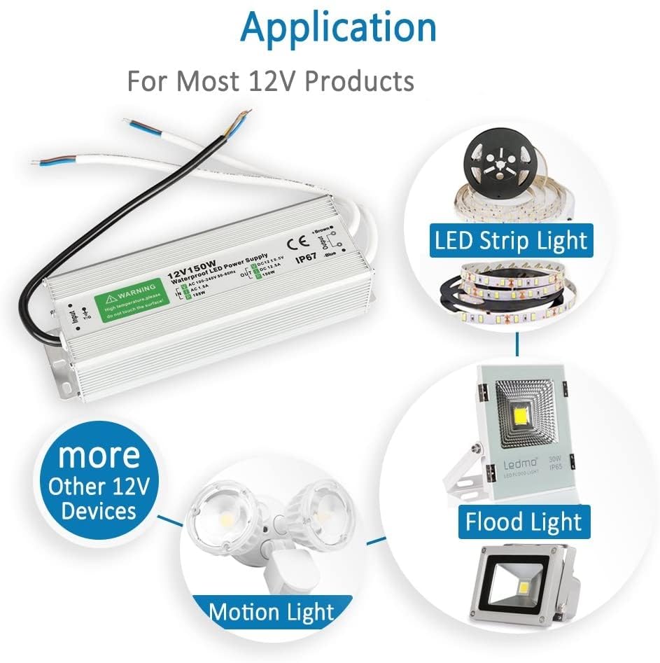 12V 12.5A 150W IP67 Waterproof Power Supply AC-DC Converter for CCTV Surveillance, LED Display, Outdoor Light and More
