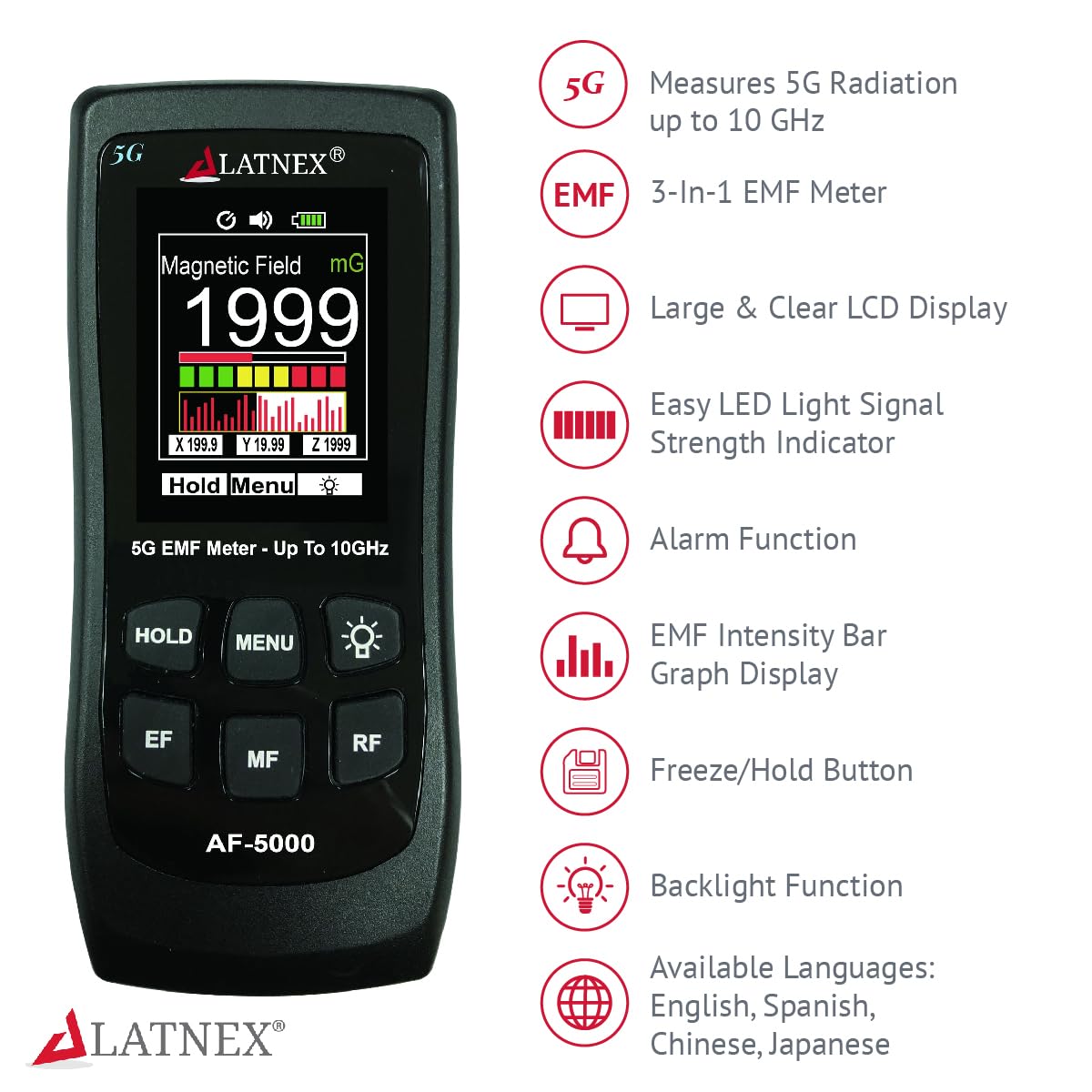 LATNEX AF-5000 5G EMF Meter with Aluminium Carrying Case and Calibration Certificate. Measures RF up to 10GHz, Magnetic Fields(Gauss), and Electrical Fields