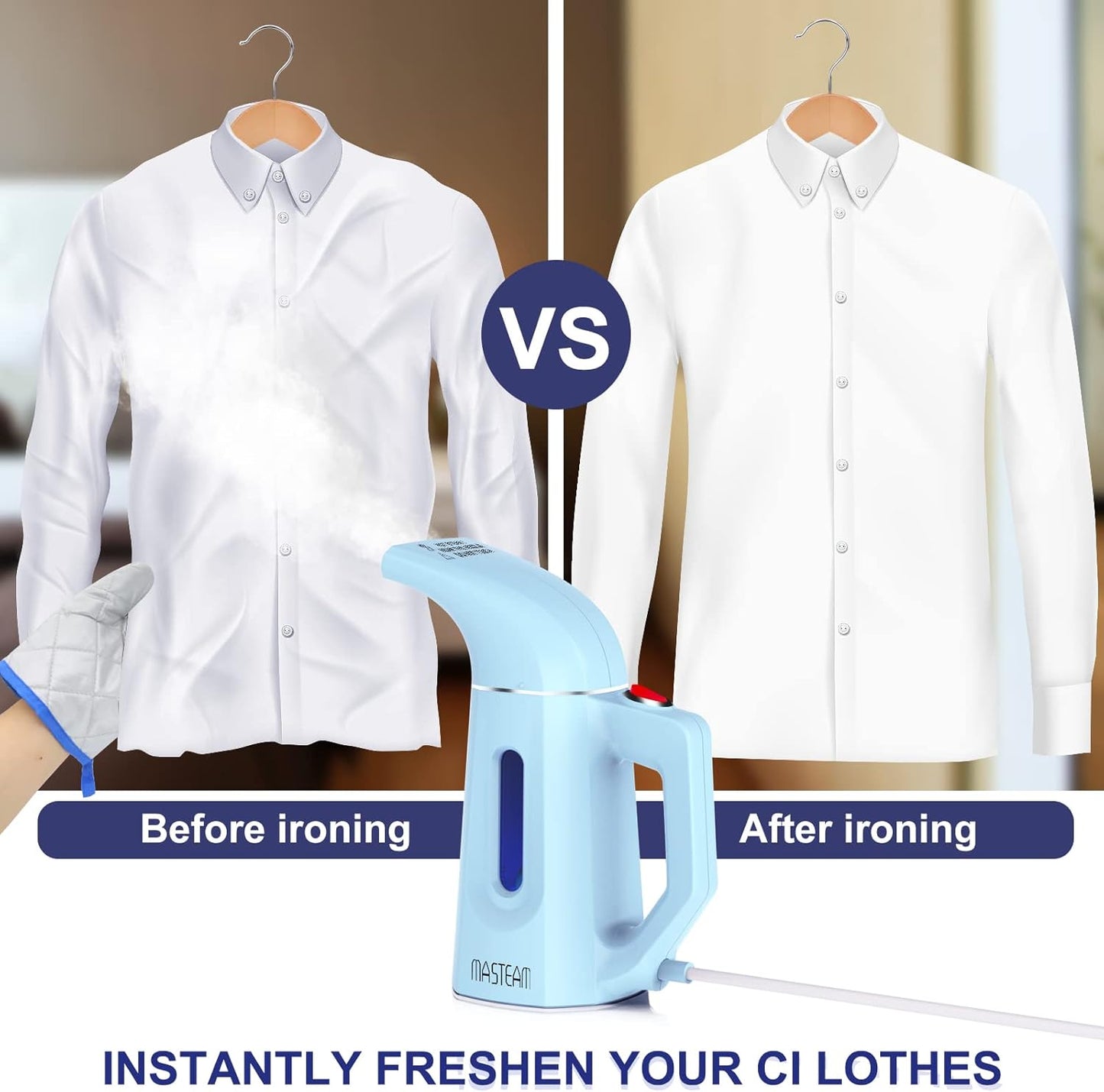 Skiennix Handheld Clothes Steamer - Fast Wrinkle Removal | Lightweight 1.5lbs, 800W, 8FT Cord, Blue
