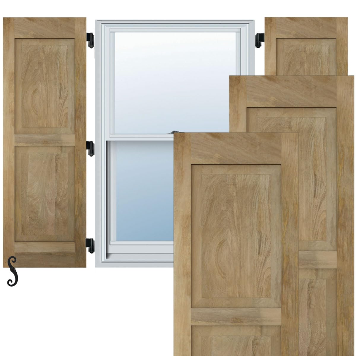 15"W x 48"H Americraft Two Equal Raised Panel Exterior Real Wood Shutters (Per Pair), Unfinished