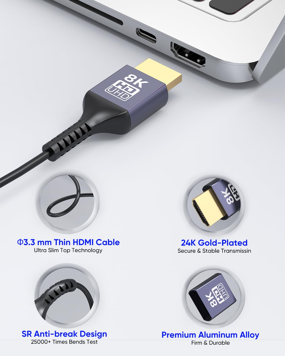 2FT 8K, 2.1 2 48Gbps 8K@60Hz, 4K@60Hz, 2K, 1080P, Ultra Thin HDMI Cable Short HDMI Cable Foot Flexible Slim HDMI Cord