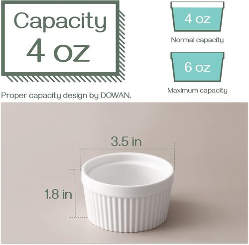 DOWAN 4 Oz Ramekins - Oven Safe Porcelain Bowls for Baking Soufflé | Set of 6, Classic White