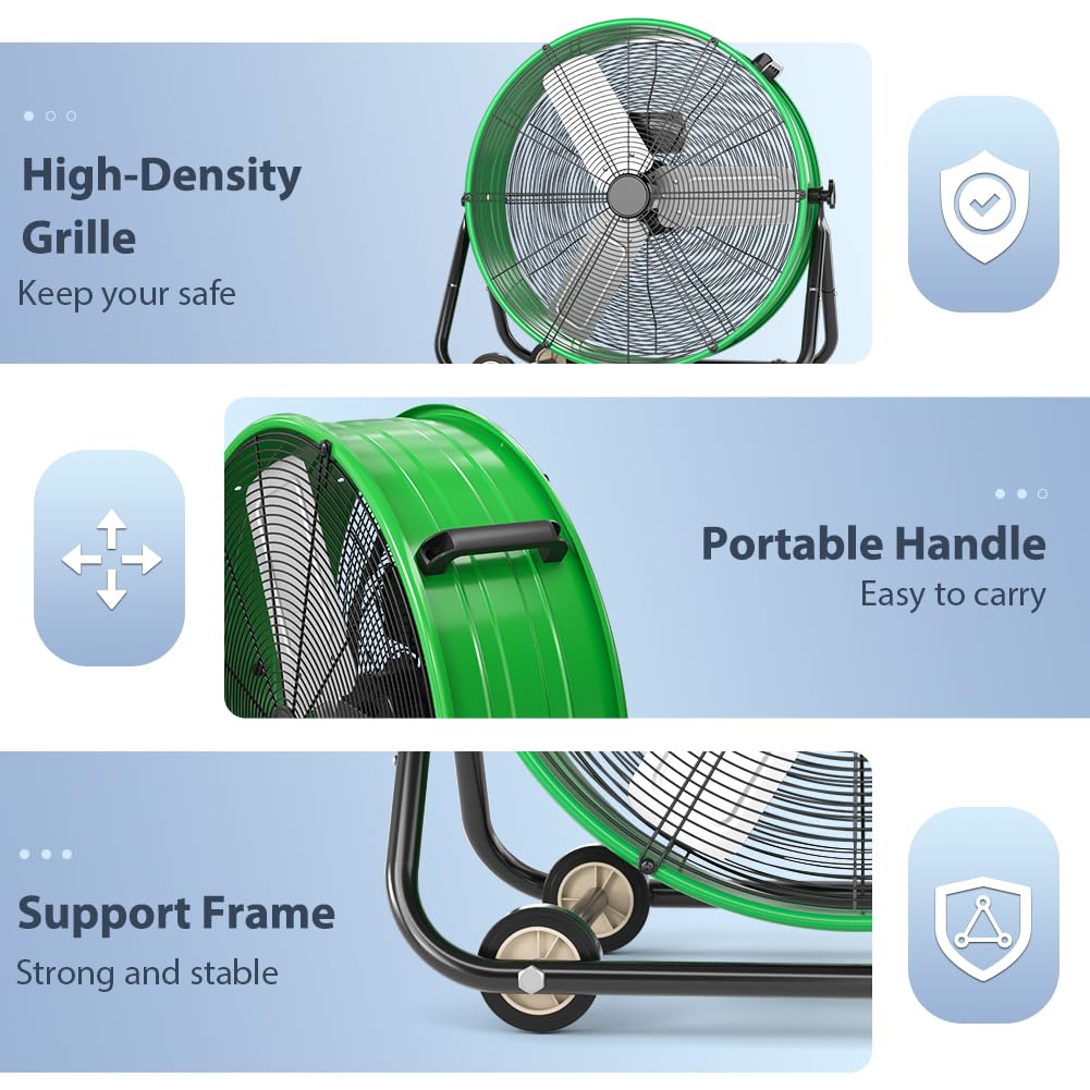 LifePlus 24 Inch Industrial Drum Fan High Velocity Floor Shop Fan 3 Speed, Heavy Duty Metal Air Circulator with Adjustable Tilt & Large Wheel for Warehouse, Garage, Factory, Patio, Barn, Green
