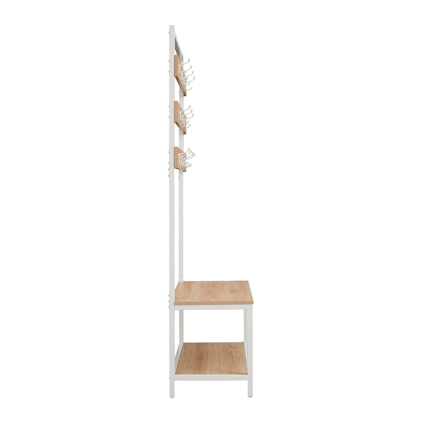Linon Shaymus White Metal Hall Tree with Natural Wooden Topped Bench and Shelf with Multiple Hanging Hooks