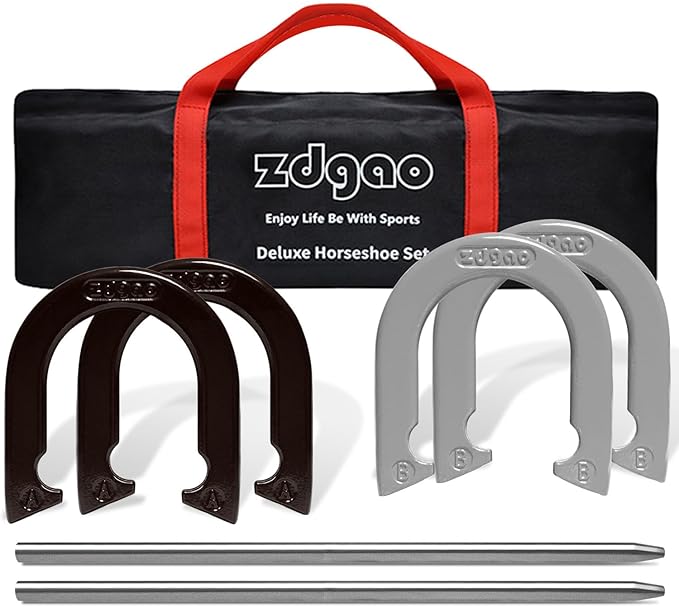 Horseshoes Outside Game Set-Portable Outdoor Horseshoe Set Includes 4 Professional Solid Steel Horseshoes with Solid Steel Stakes & Carrying Bag, Perfect for Backyard and Beach