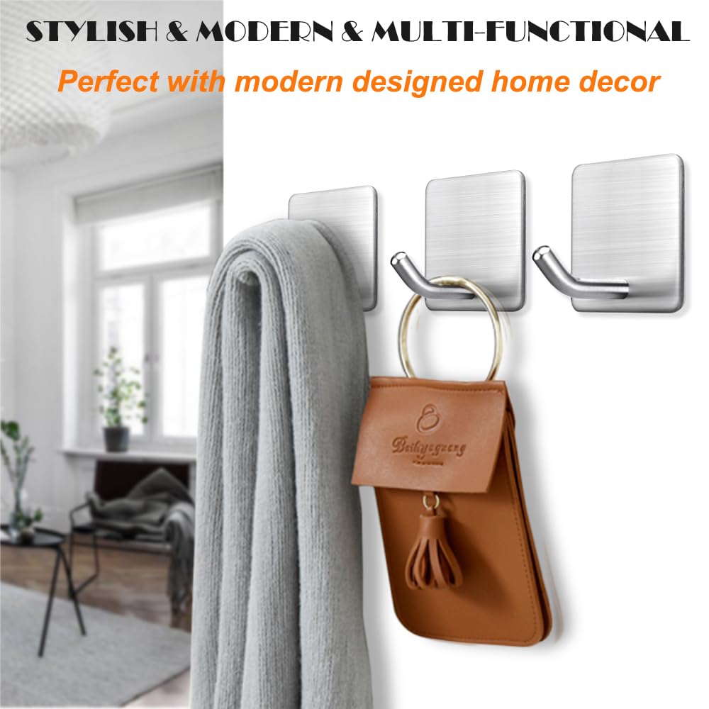 Heavy Duty Adhesive Towel Hooks Stick on Towel Hanger Wall Holder Waterproof Stainless Steel Sticky Hooks for Hanging Bathroom Kitchen Home-4 Packs