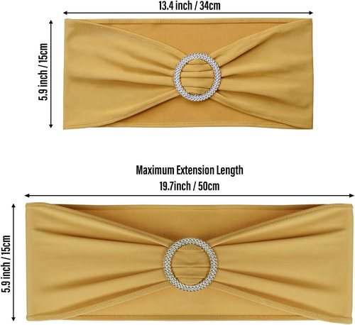 LEBENGURU Gold Spandex Chair Sashes - 50 Premium Stretch Bows with Buckle Slider for Weddings & Events