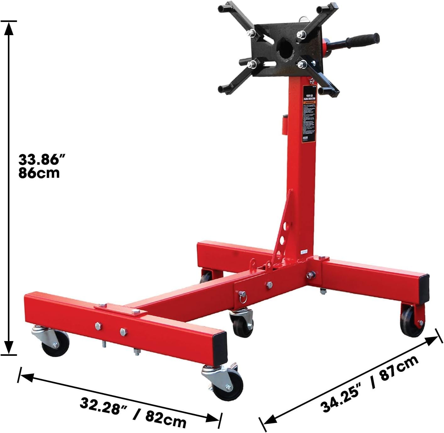 BIG RED Steel Rotating Engine Motor Stand,3/4 Ton (1,500 lbs) Capacity with Foldable Frame,5 Casters, 4 Adjustable Arms,360 Degree Rotating Head,for Vehicle Maintenance, Auto Repair,Red,AT37912-1