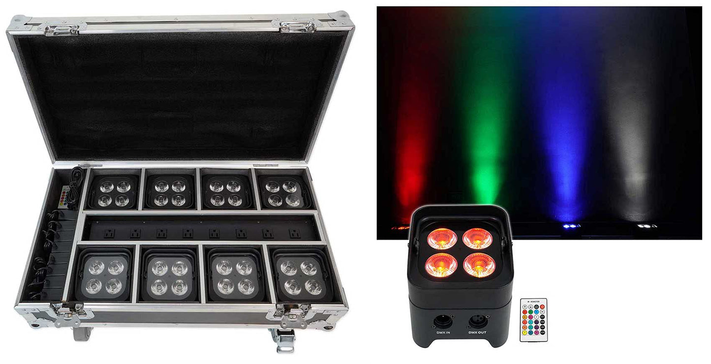 Rockville Best Pack 50 (8) Black 24W Battery Wash Lights, Wireless DMX, RGBWA+UV, Charging Case, Long-Lasting Battery, Remote Control, for DJs and Event Lighting