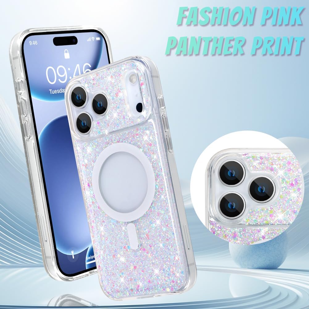 Bonoma 17 2025 for iPhone Pro Max Case Sparkly Glitter Bling Back, Magnetic Support for MagSafe Shockproof, Crystal