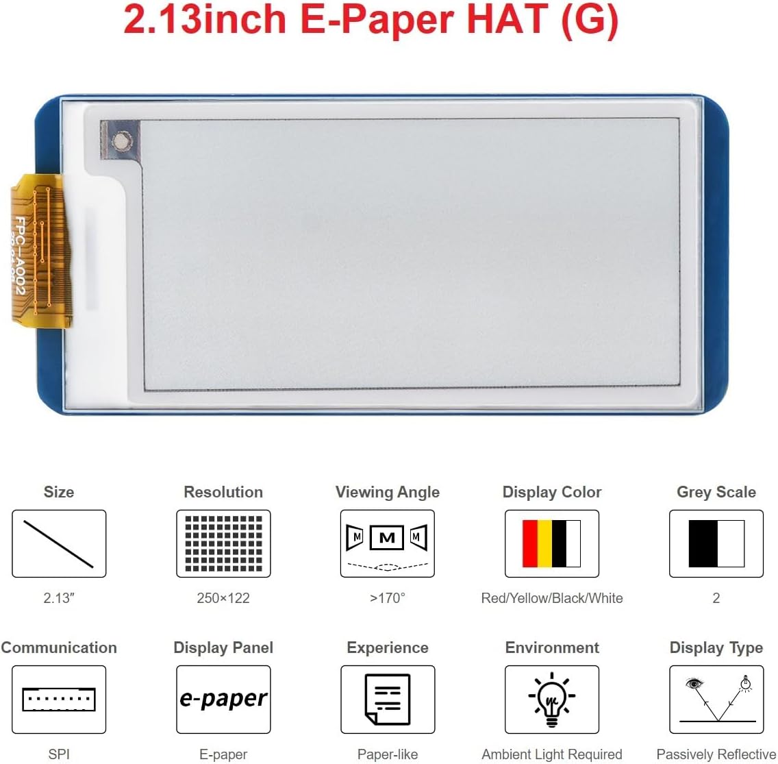 2.13inch 250x122 3.3V/5V Nano/Arduino/STM32, waveshare Four Color E-Ink Display HAT (G), Resolution Red Yellow Black