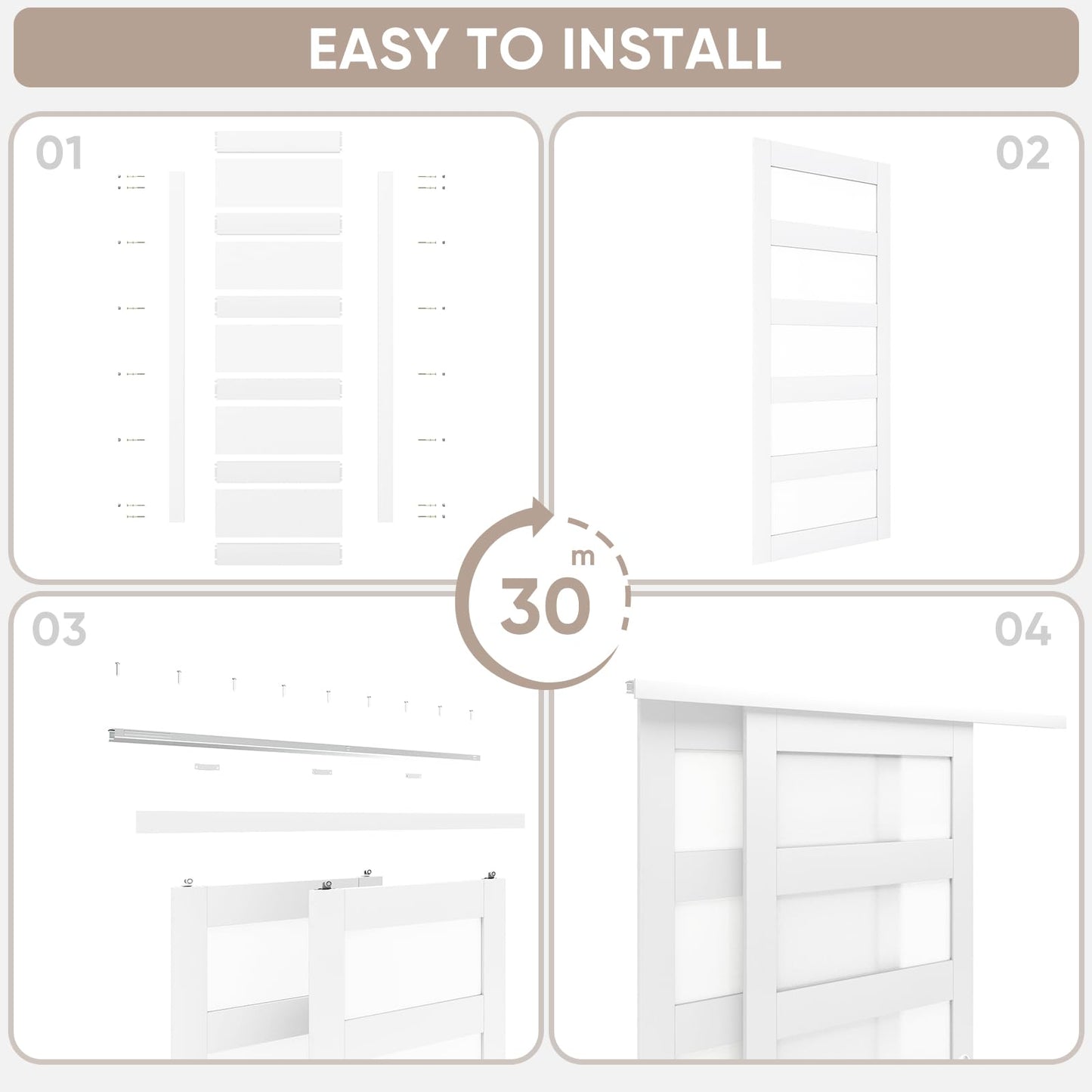JUBEST Sliding Closet Door 60"(Double 31") x 80", 5-Lite Frosted Glass Bypass Door with Hardware Kit & Matching Fascia, Pre-Drilled Solid Wood Slab with Water-Proof PVC Surface, Easy to Install, White
