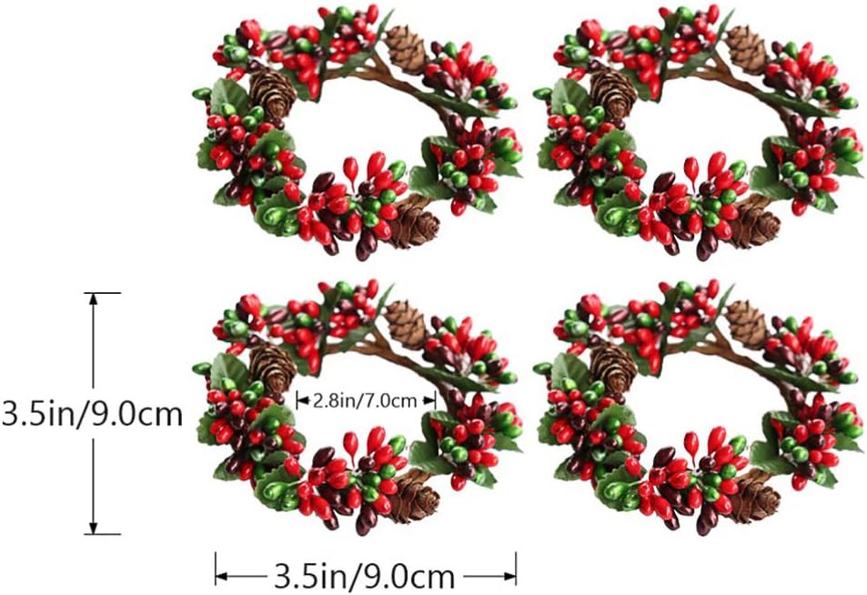 PRETYZOOM Christmas Candle Rings - 4Pcs Artificial Berry Mini Wreaths for Pillar Candles | Holiday Table Decor