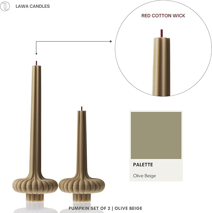 LAWA Set of 2 Pumpkin Base Candle - Beautiful Handmade Pillar Unscented Soy Wax Elegant Aesthetic Vase Candle Housewarming Gift Home Room Shelf Decor Idea Olive Beige