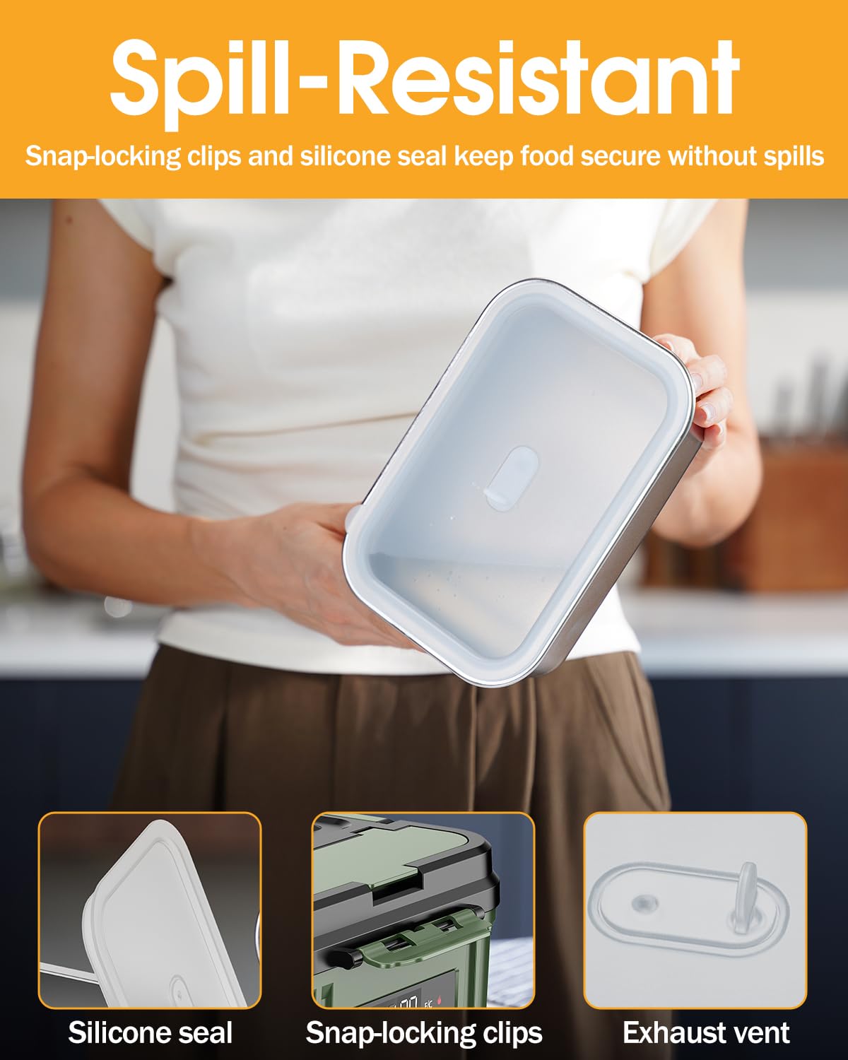 FERVINOW Cordless Electric Lunch Box for Adults – Battery-Powered Heated Lunch Box with 1.2L Stainless Steel Container, Timer Function, and Leak-Proof Food Warmer for Work, Travel & Office