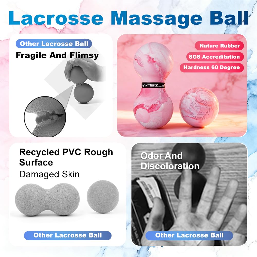FITZELAR Double Lacrosse Massage Ball for Myofascial Release, Quality Certification, Massage Deep Tissue for Waist Back Feet, Trigger Point Therapy, Muscle Knots, Peanut Massage Ball for Muscle Pain