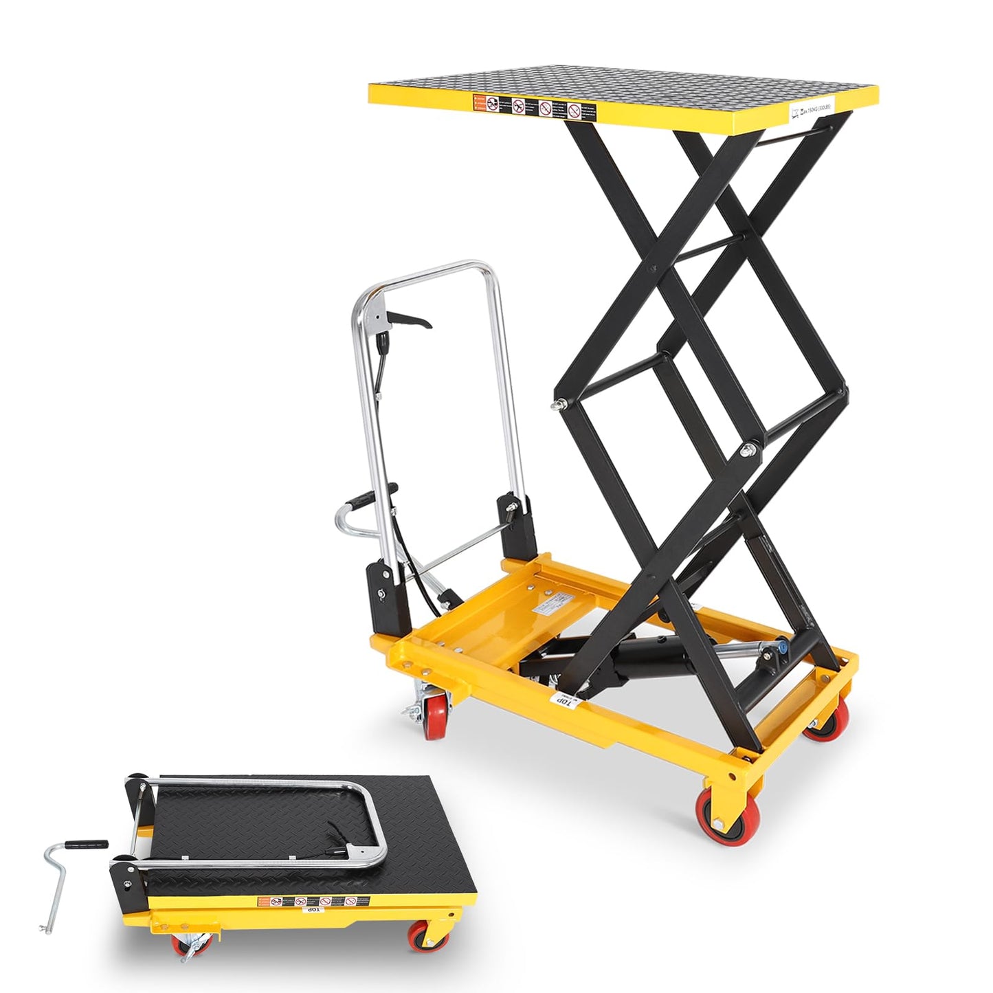 KAFLLA Double Scissor Hydraulic Lift Table Cart with Foldable Handle, 330 lbs Capacity, 11"–50" Lifting Range Manual Hydraulic Lift Cart with Anti-Slip Platform & 4 Wheels for Material Handling