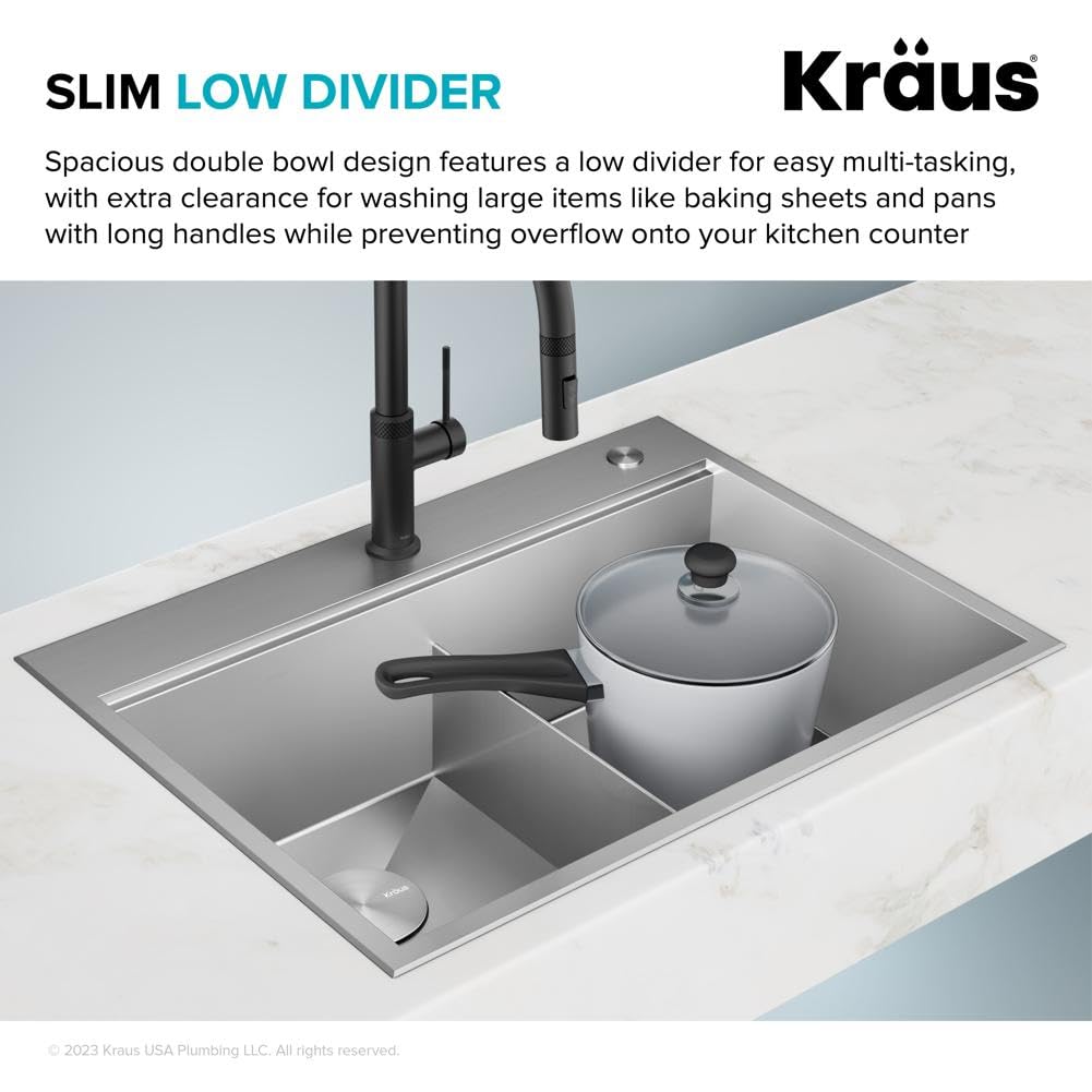 KRAUS Kore 30-Inch Drop In/Top Mount Workstation 16 Gauge 50/50 Double Bowl Stainless Steel Kitchen Sink with Accessories, KWT302-30